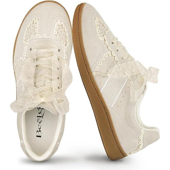 Shoes - Casual Sneakers for Women with Lace Detail Ribbon Leather Upper Memory Foam